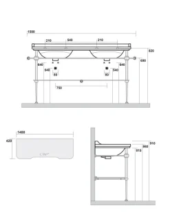 KERASAN S.R.L. Glashyllor|Tvättställ|Art Deco - Dubbeltvättställ 150 cm med bronsben & glashylla