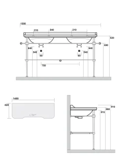 KERASAN S.R.L. Tvättställ|Tvättställ Med Ställning|Art Deco - Dubbeltvättställ 150 cm på guldställning & glashylla