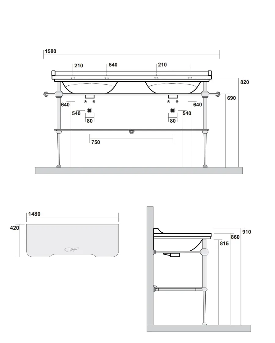 KERASAN S.R.L. Tvättställ|Tvättställ Med Ställning|Art Deco - Dubbeltvättställ 150 cm på guldställning & glashylla
