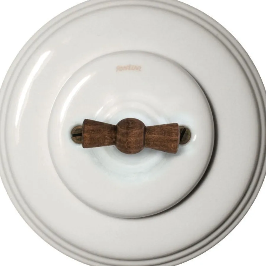 Fontini S.A. Vridströmbrytare|Strömbrytare I Porslin|Strömbrytare trapp vitt porslin trävred - Fontini infällt