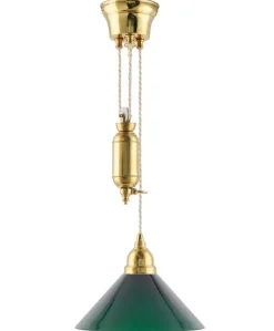 Karlskrona Lampfabrik Skomakarlampor Med Hiss|Skomakarlampor|Taklampa - Skomakarhiss mässing, hög grön skärm 25 cm