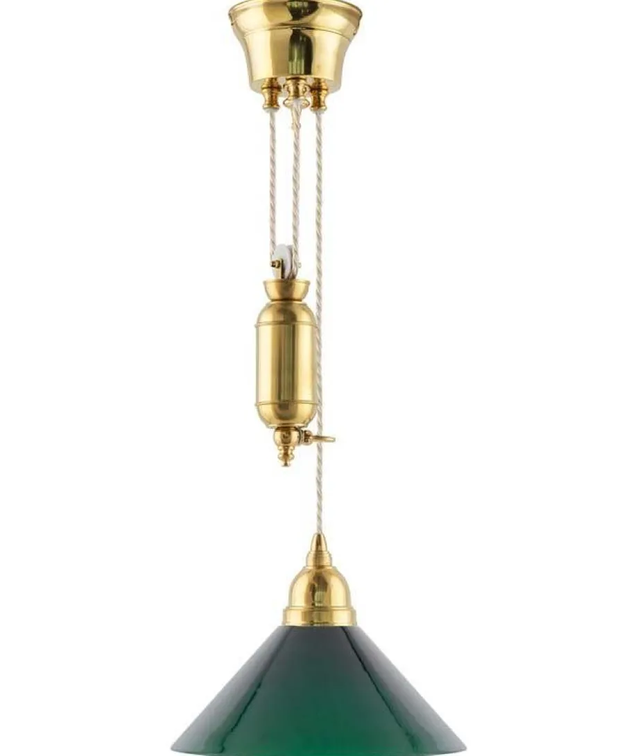 Karlskrona Lampfabrik Skomakarlampor Med Hiss|Skomakarlampor|Taklampa - Skomakarhiss mässing, hög grön skärm 25 cm