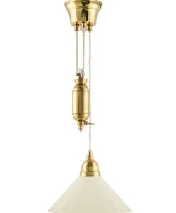 Karlskrona Lampfabrik Skomakarlampor Med Hiss|Skomakarlampor|Taklampa - Skomakarhiss mässing, hög benvit skärm 25 cm