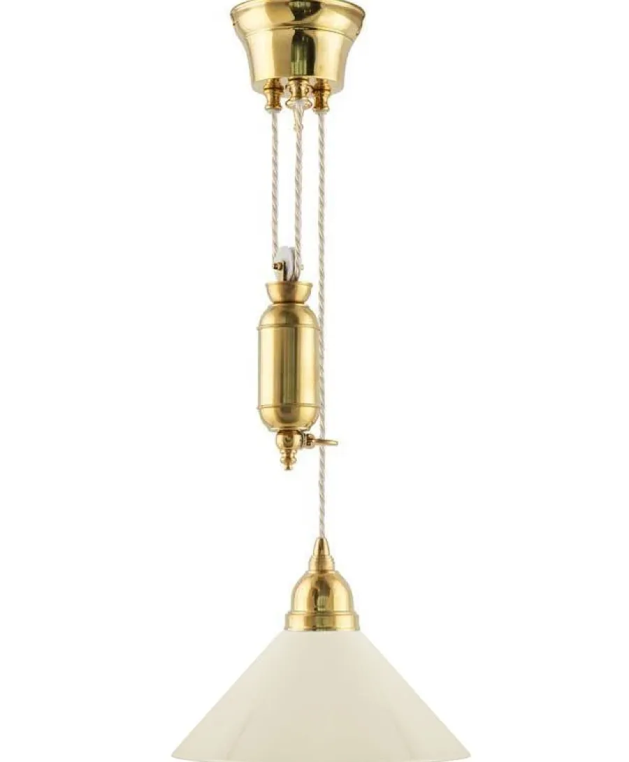 Karlskrona Lampfabrik Skomakarlampor Med Hiss|Skomakarlampor|Taklampa - Skomakarhiss mässing, hög benvit skärm 25 cm