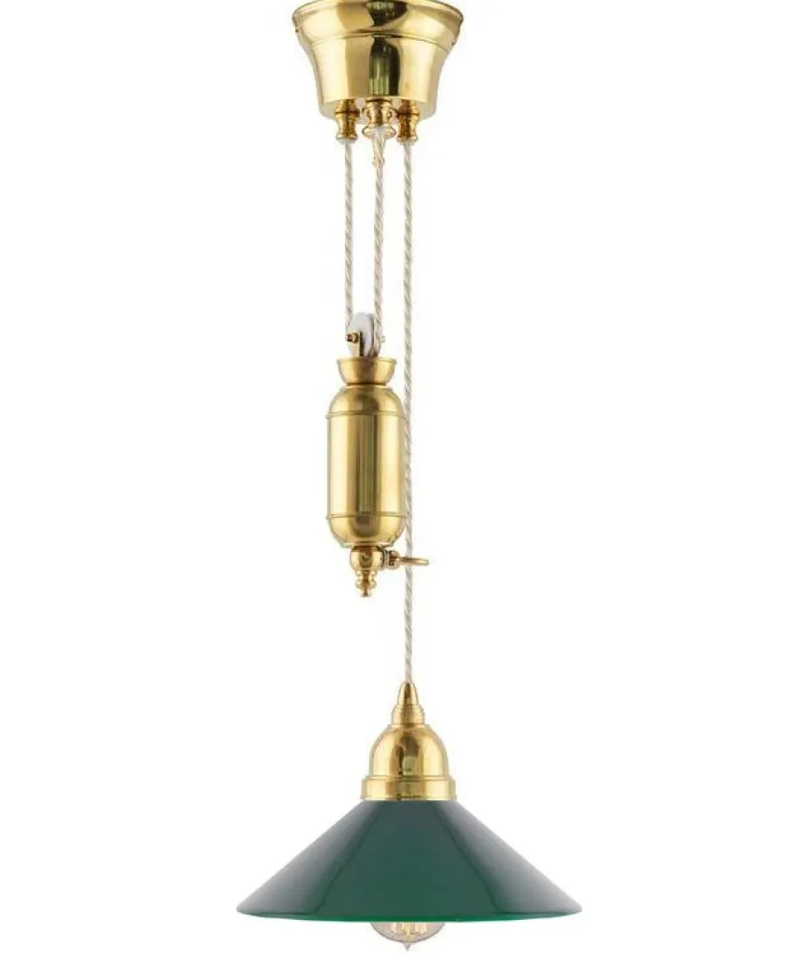 Karlskrona Lampfabrik Skomakarlampor Med Hiss|Skomakarlampor|Taklampa - Skomakarhiss mässing med grön skärm 25 cm