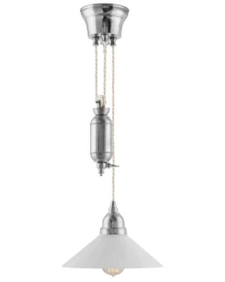 Karlskrona Lampfabrik Skomakarlampor Med Hiss|Skomakarlampor|Taklampa - Skomakarhiss nickel, vit skärm 25 cm