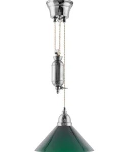 Karlskrona Lampfabrik Skomakarlampor Med Hiss|Skomakarlampor|Taklampa - Skomakarhiss nickel, hög grön skärm 25 cm
