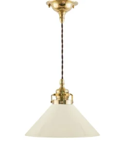 Karlskrona Lampfabrik Skomakarlampor|Taklampa - Skomakarsladd mässing, hög benvit skärm 25 cm