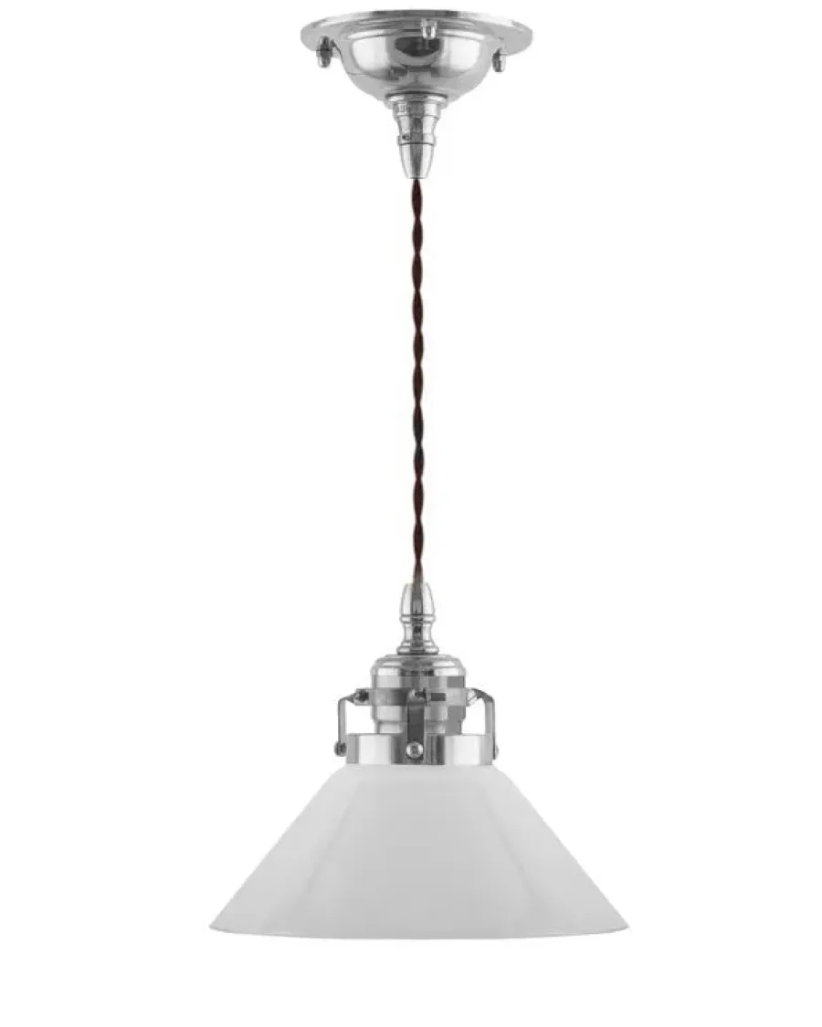 Karlskrona Lampfabrik Skomakarlampor|Taklampa - Skomakarsladd nickel, liten vit skärm 15 cm
