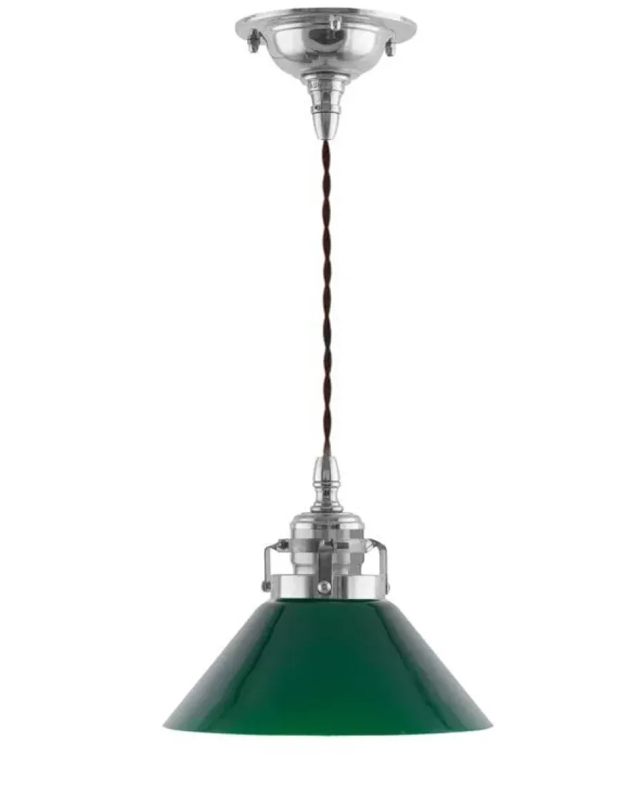 Karlskrona Lampfabrik Skomakarlampor|Taklampa - Skomakarsladd nickel, liten grön skärm 15 cm