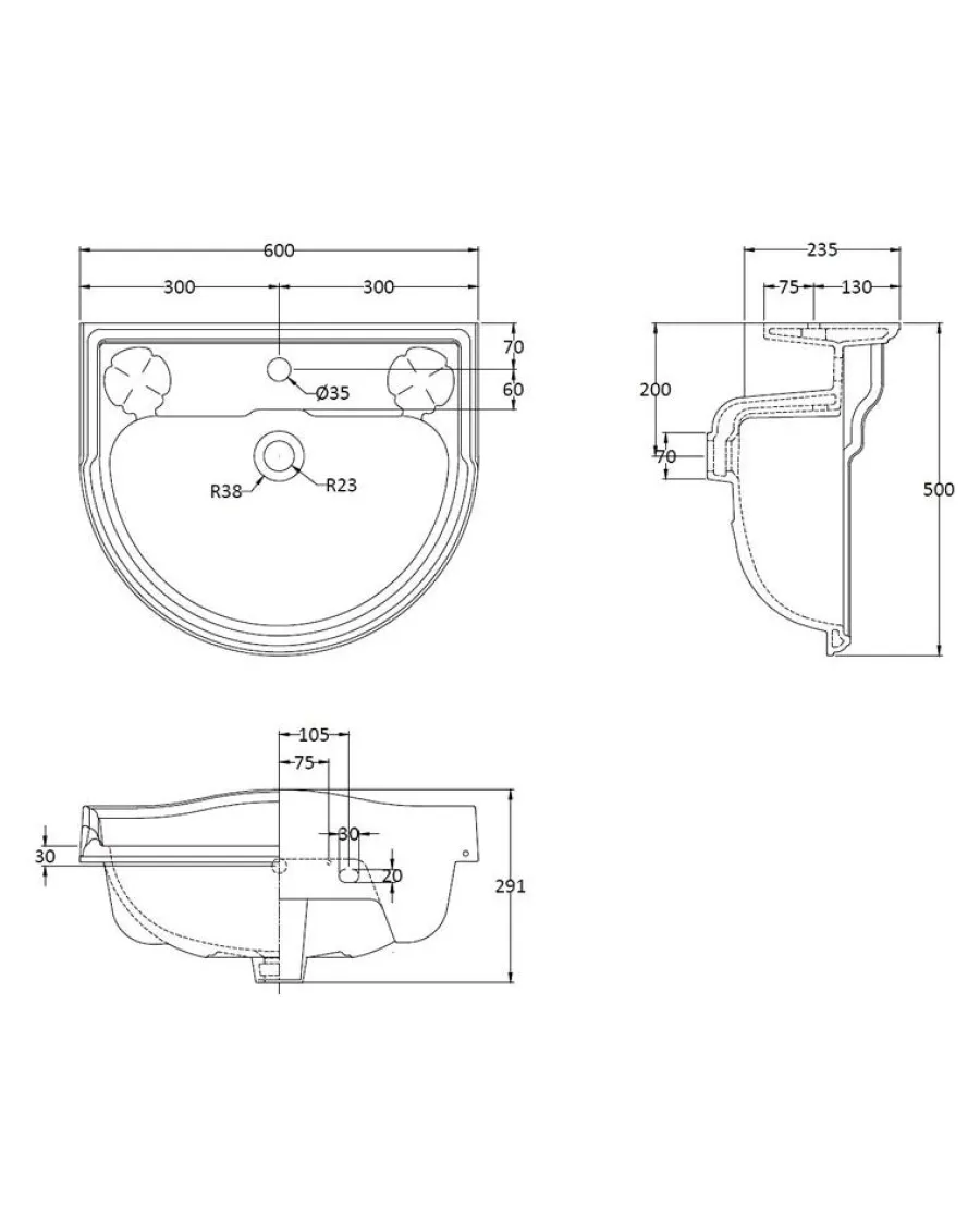 Badex AB Tvättställ|Tvättställ Porchester - 60 cm porslin