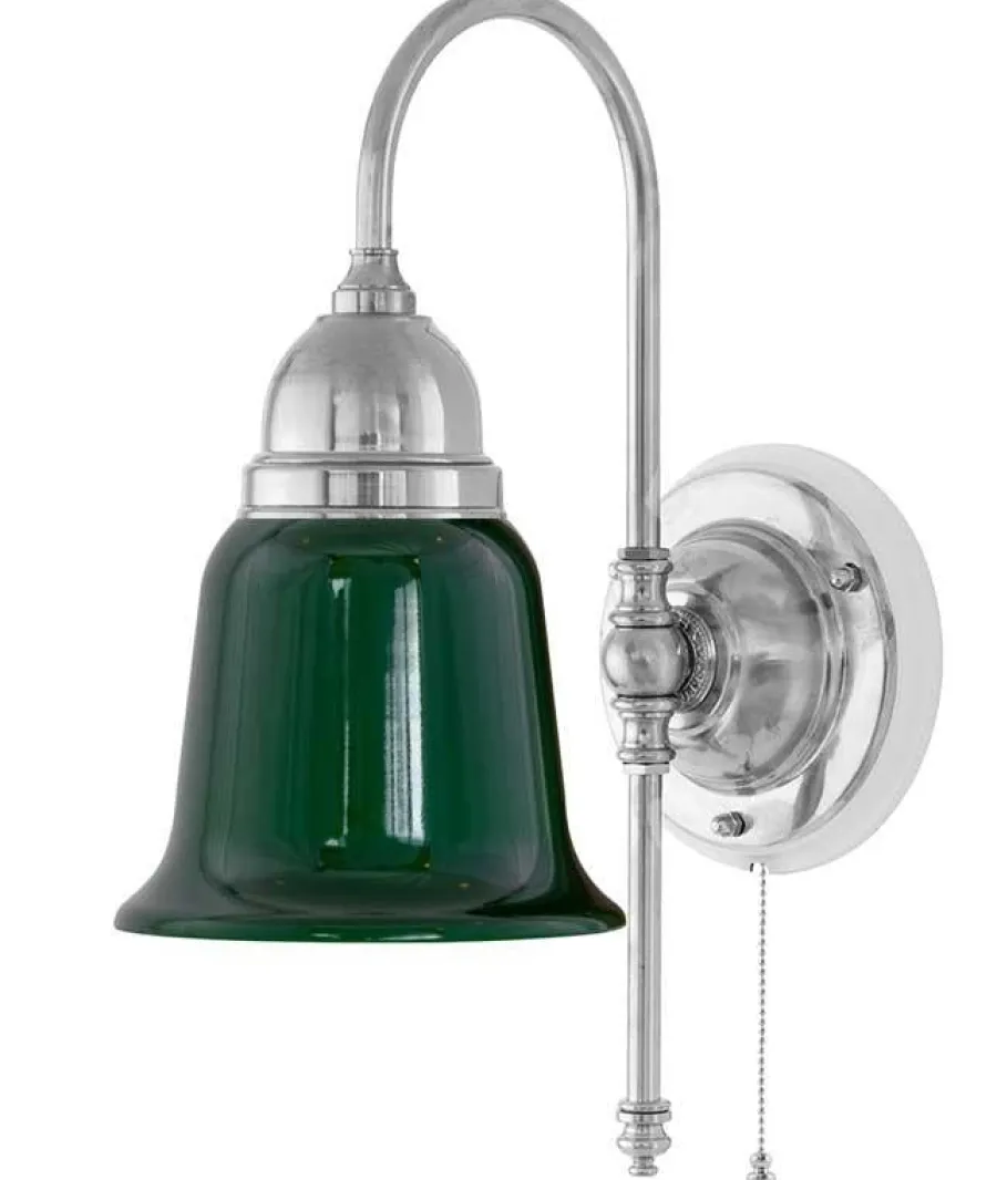 Karlskrona Lampfabrik Vägglampor I Nickel|Vägglampor Med Glaskupa|Vägglampa - Ahlström nickel, grön klocka