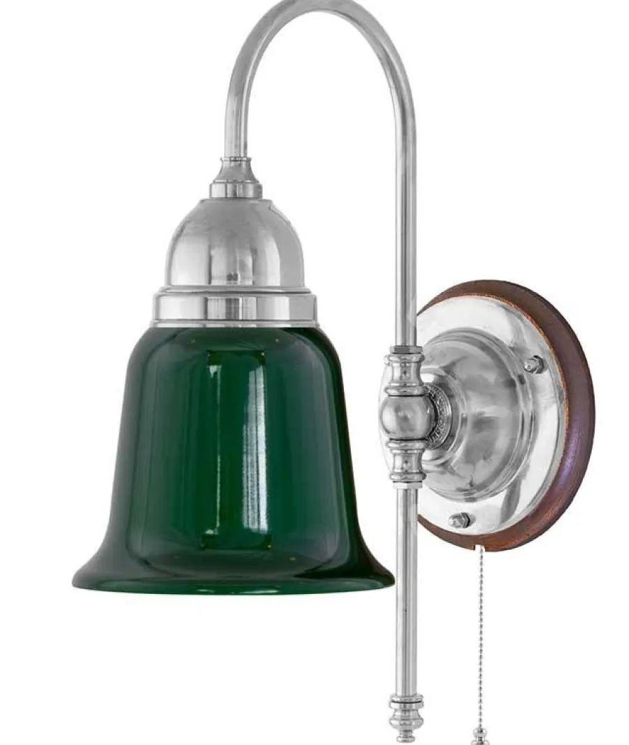 Karlskrona Lampfabrik Vägglampor I Nickel|Vägglampor Med Glaskupa|Vägglampa - Ahlström nickel, grön klocka
