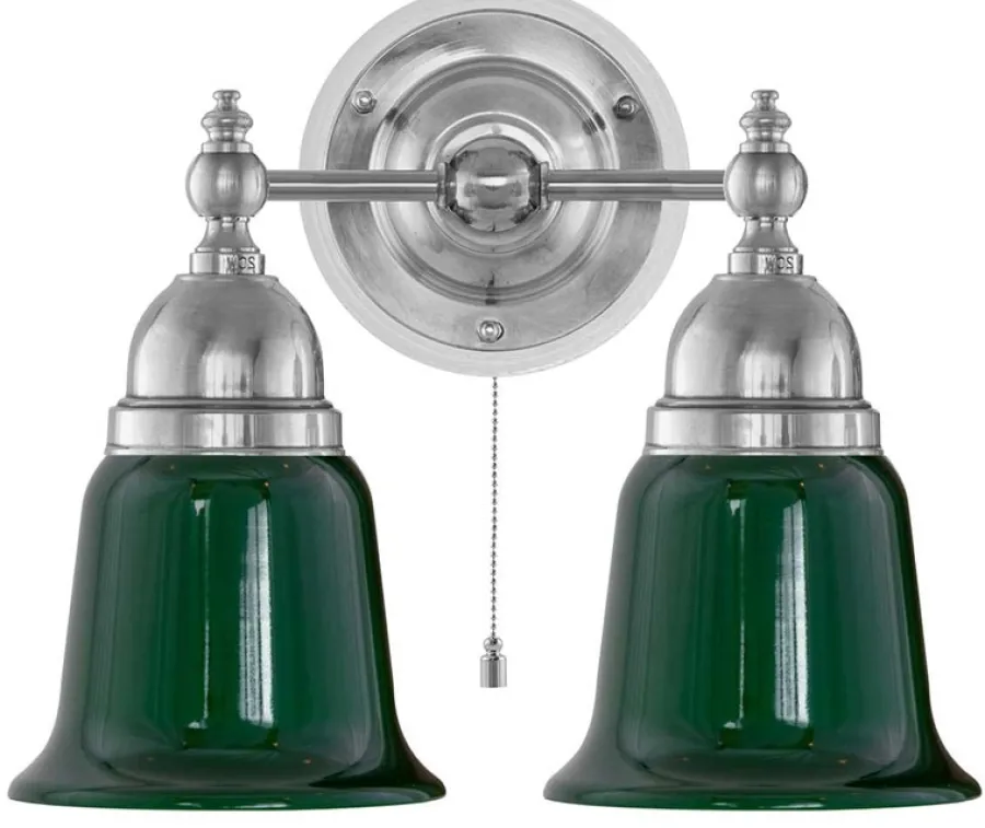 Karlskrona Lampfabrik Vägglampor I Nickel|Vägglampor Med Två Armar|Vägglampa - Bergman nickel, grön klocka