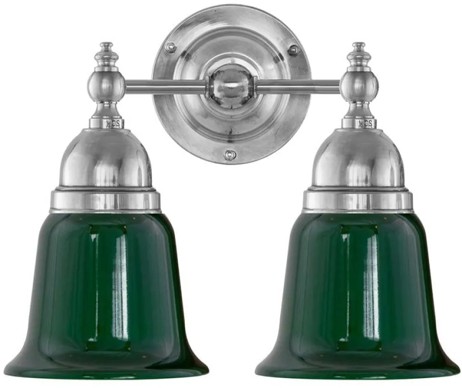 Karlskrona Lampfabrik Vägglampor I Nickel|Vägglampor Med Två Armar|Vägglampa - Bergman nickel, grön klocka