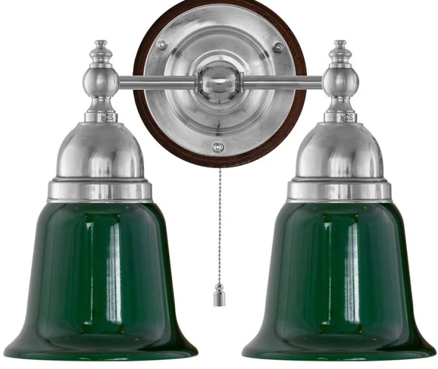 Karlskrona Lampfabrik Vägglampor I Nickel|Vägglampor Med Två Armar|Vägglampa - Bergman nickel, grön klocka