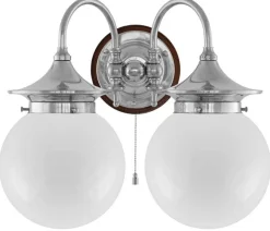 Karlskrona Lampfabrik Vägglampor I Nickel|Vägglampor Med Två Armar|Vägglampa - Tigerstedt nickel, opalvita klot
