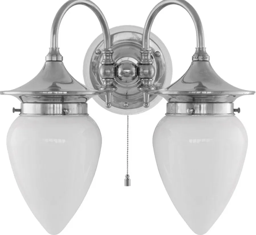 Karlskrona Lampfabrik Vägglampor I Nickel|Vägglampor Med Två Armar|Vägglampa - Tigerstedt nickel, opalvit