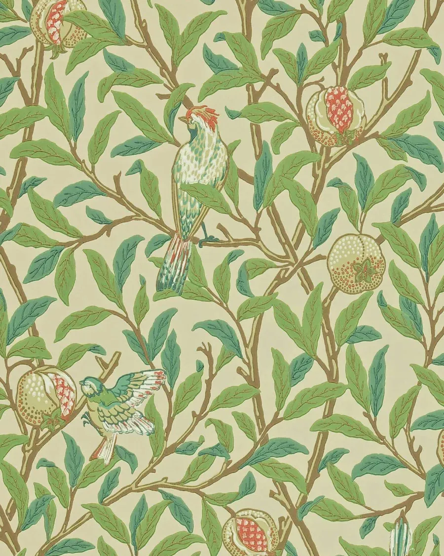Sanderson Design Group Brands Ltd Mönstrade Tapeter|Blommiga Tapeter|William Morris & Co. Tapet - Bird & Pomegranate Bayleaf/Cream