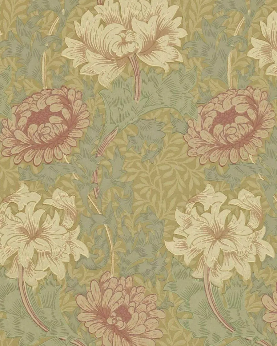 Sanderson Design Group Brands Ltd Mönstrade Tapeter|Blommiga Tapeter|William Morris & Co. Tapet - Chrysanthemum Pink/Yellow/Green