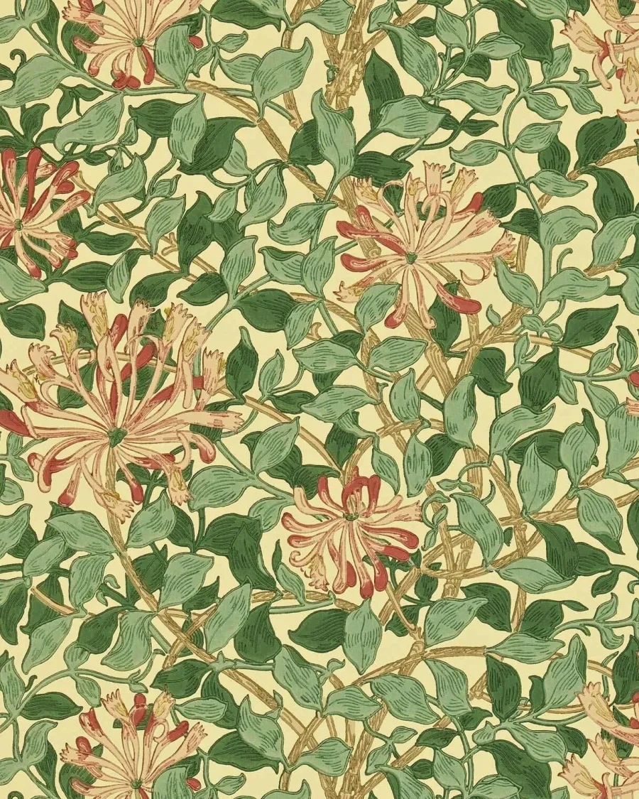 Sanderson Design Group Brands Ltd Mönstrade Tapeter|Blommiga Tapeter|William Morris & Co. Tapet - Honeysuckle Green/Coral/Pink
